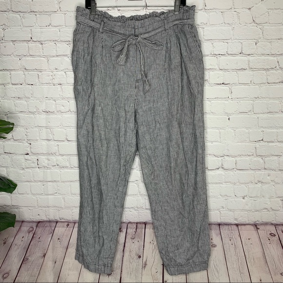 LOFT Pants - LOFT Womens Gray & White Pinstripe High Waisted Belted Pants Size L Linen Blend